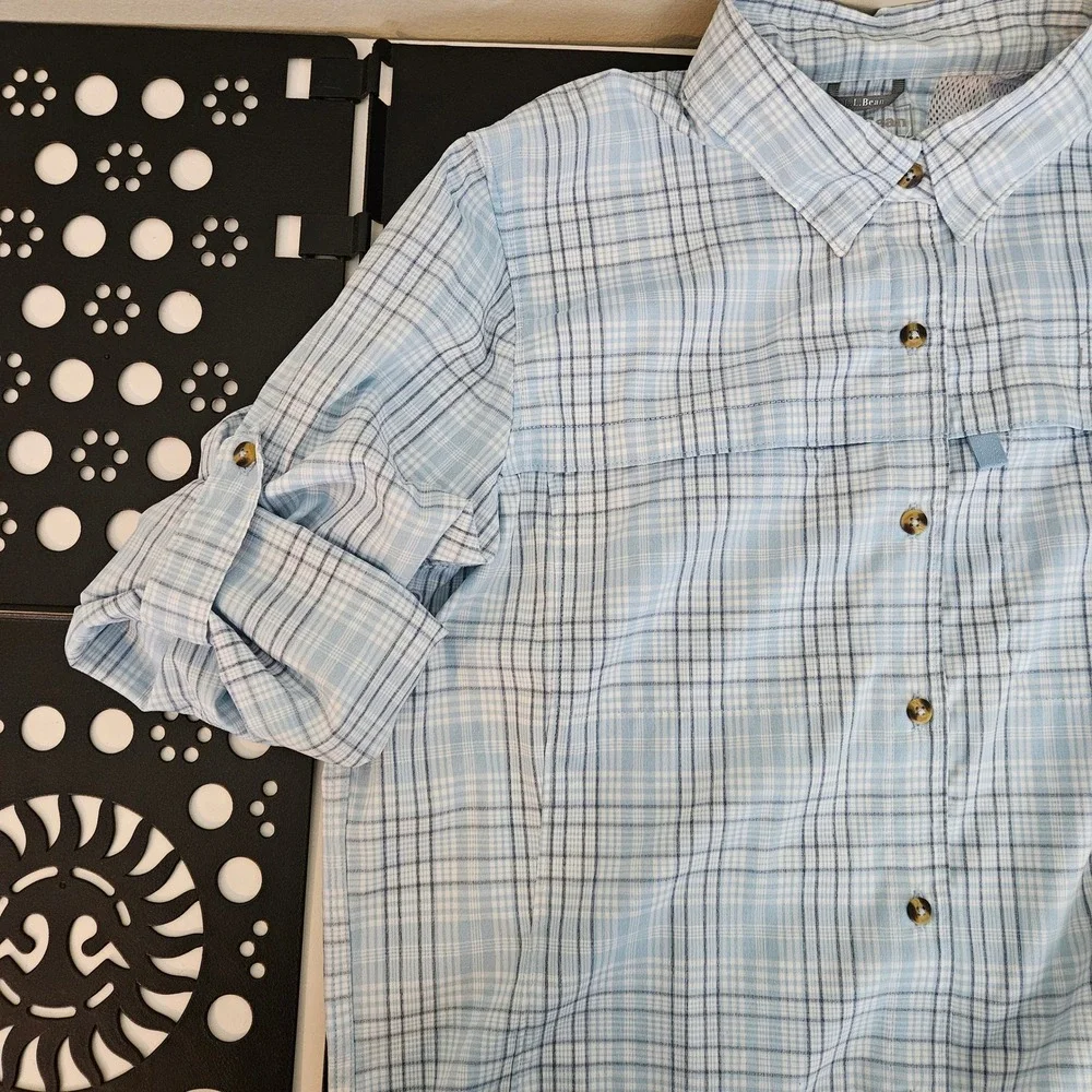 LL Bean Long Sleeve Roll Tab Blue Plaid Vented Shirt Fish Hike Womens M UPF 50 - Picture 16 of 16
